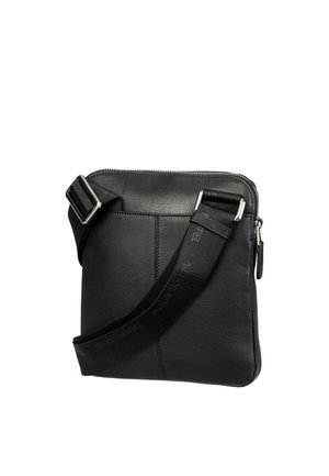 Schwarze Leder-Umhängetasche mit verstellbarem breitem Riemen und Reißverschluss oben, rechteckige Form, minimalistisches Design.