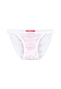 Weiße Unterhose mit einem rosa barocken Muster, mit einem krempelförmigen Rand und einem roten Etikett. Weicher Stoff, minimalistisches Design.