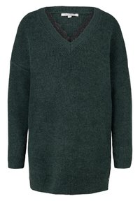 Pull en tricot texturé vert foncé avec un col en V et des manches longues. Présente une bordure en dentelle noire au niveau du col et un ourlet droit.
