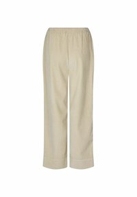 Beige weit geschnittene Hose aus strukturiertem Stoff mit elastischem Bund und umgeschlagenen Säumen. Verfügt über vertikale Rippungen im gesamten Material.