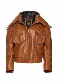 Braune Lederjacke mit Kragen, Reißverschluss vorne, zwei Brusttaschen, Seitentaschen und geripptem Bund. Glatte Textur, langlebiges Design.