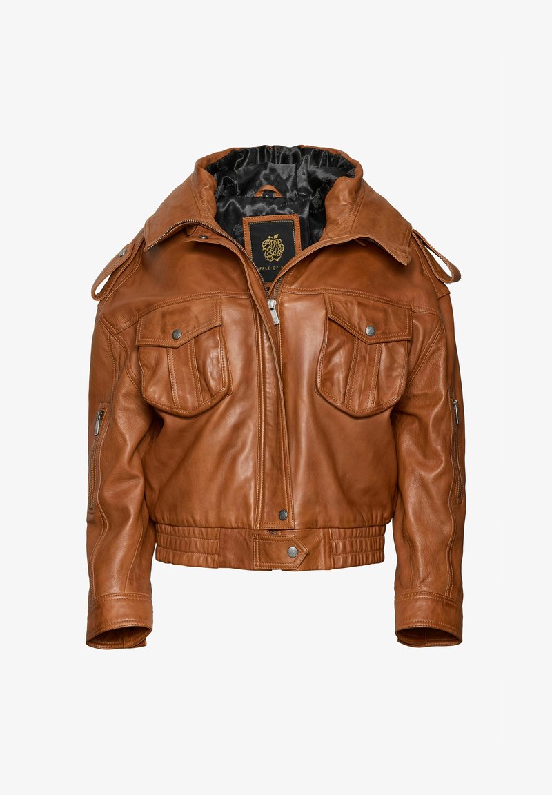 Braune Lederjacke mit Kragen, Reißverschluss vorne, zwei Brusttaschen, Seitentaschen und geripptem Bund. Glatte Textur, langlebiges Design.
