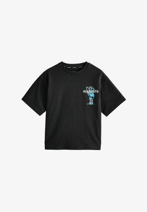 Fekete pamut póló rövid ujjakkal, kék grafikai mintával és "ALLSAINTS" felirattal a bal mellrészen. Klasszikus kerek nyakkivágás.