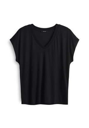 Schwarzes V-Ausschnitt-T-Shirt mit kurzen Ärmeln, gefertigt aus weichem Stoff, mit bequemer Passform und glatter Textur. Einfaches, klassisches Design.