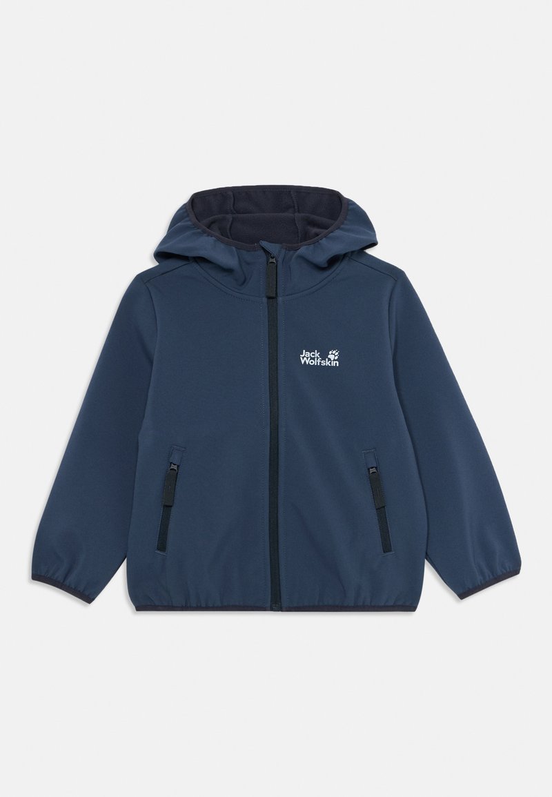 Navy blue children's hooded jacket with front zipper, two zippered pockets, elastic cuffs, and white Jack Wolfskin logo on chest.