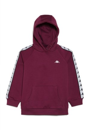 Sudadera con capucha color granate, con franjas de logotipo blancas y negras en las mangas, bolsillo frontal tipo canguro y pequeño logotipo blanco en el pecho.