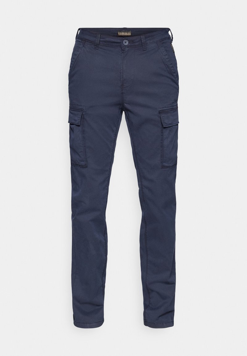 Pantalons cargo bleu marine en tissu de coton, avec deux poches latérales et deux poches sur les cuisses avec détail en bouton, design de jambe fuselée.