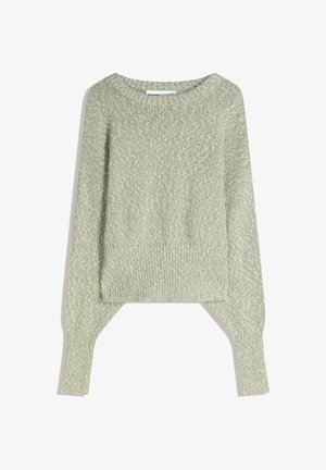 Pulover tricotat de culoare verde deschis, cu o croială lejera, decolteu larg și mâneci elongate. Prezintă un model texturat și slit-uri pe laturile tivului.