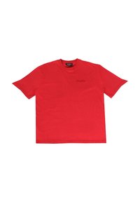 Rød bomuld t-shirt med rund hals og korte ærmer, prydet med et lille broderet logo på brystet. Glat tekstur, afslappet design.
