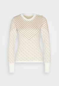 Langärmliger Pullover in Creme mit strukturiertem Diamantmuster. Verfügt über diagonale beige Streifen und einen abgerundeten Ausschnitt mit Knopfakzenten.