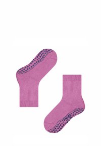 Rosa Socken aus weichem Material mit strukturierter Oberfläche; verfügen über dunkelblau gummierte Griffe an den Sohlen und ein einfaches Rippmuster an den Oberteilen.