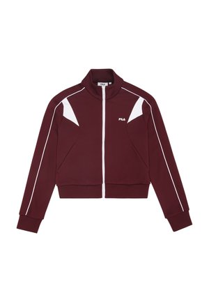 Maronfarvet zip-up jakke med hvide detaljer og høj krave. Har lange ærmer og en cropped design. Fremstillet af et glat, strækbart stof.