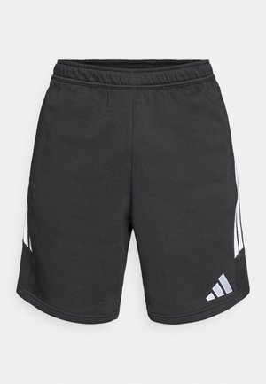 Pantalones cortos deportivos de color gris oscuro con cintura elástica, franjas laterales y el logotipo de Adidas en blanco en la parte inferior derecha.