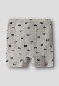 Graue Baumwollboxershorts mit einem verspielten Muster aus verschiedenen Fahrzeugen in Schwarz und gedämpften Farben, mit einer weichen, strukturierten Oberfläche.
