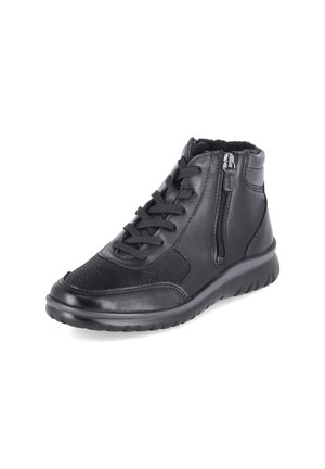 Baskets montantes en cuir noir avec fermeture à lacets à l'avant, fermeture éclair latérale, zone des orteils texturée et semelle rembourrée pour un usage décontracté.