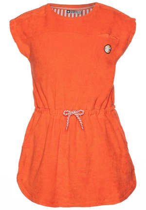 Pomarańczowa sukienka z frotté z krótkimi rękawami, regulowany pasek w talii w paski oraz mała haftowana naszywka z motywem kwiatowym na piersi.