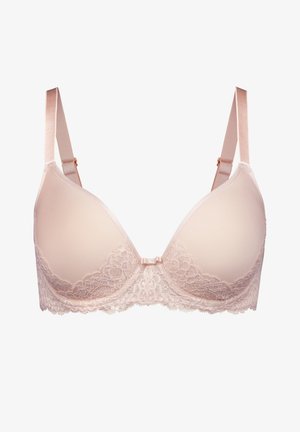 Lichtroze bh van gladde stof met kantdetails aan de onderkant. Ondersteuning met beugels en verstelbare bandjes voor een goede pasvorm. Accent van een strik in het midden.