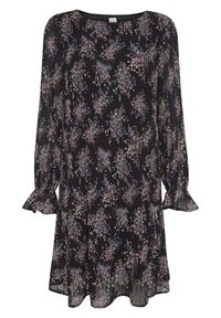 Svart blommig klänning med lång ärm, plisserad textur, volangärmar och en lös passform, med ett mönster av blå och vita blommor.