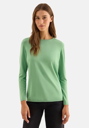 Pull vert à manches longues en matière douce, avec un col rond et un ourlet côtelé, associé à un pantalon noir.