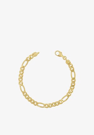 Bracciale a catena d'oro con maglie piatte e ovali alternate, fissato con una chiusura a moschettone.