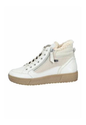 Baskets montantes en cuir beige et blanc avec une finition texturée, dotées d'un col en fourrure, d'un laçage à l'avant et d'un zip sur le côté.