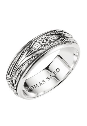 Silver ring with intricate floral and geometric engravings, featuring "THOMAS SABO" engraved inside the band.