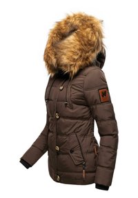 Brown puffer jacket with a fur-lined hood, button and zip closures, quilted texture, and a patch on the sleeve.