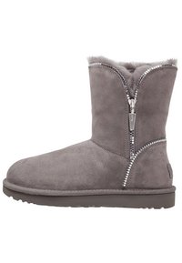 Šedá semišová kotníková bota se zipem na boku, podšitá měkkým kožíškem, s plochou gumovou podrážkou a dekorativními stříbrnými doplňky podél zipu.