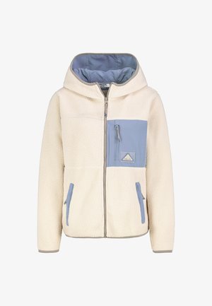 Fleece hoodie, crèmekleurig met blauwe accenten. Beschikt over voorzakken, een ritssluiting op de borst en een gestructureerd exterieur.