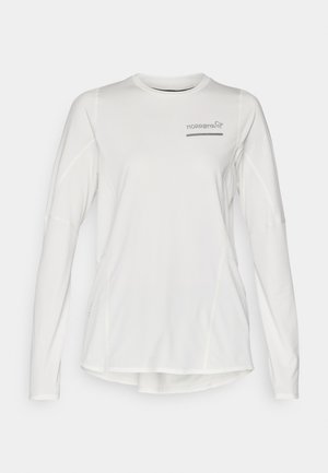 White long-sleeve athletic shirt made of soft, lightweight fabric. Features a rounded hem and subtle logo on the upper left chest.