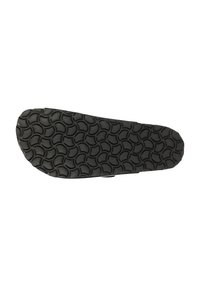 Black sandal sole with a textured circular pattern for grip, shown from the bottom against a white background.