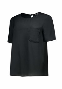 Blusa nera a maniche corte in tessuto morbido, con scollatura rotonda e dettaglio della tasca arricciato. Apertura a chiave sul retro.