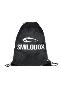 Mochila negra con cordón hecha de material ligero, que presenta un destacado logo blanco "SMILODOX" y una textura elegante y suave.