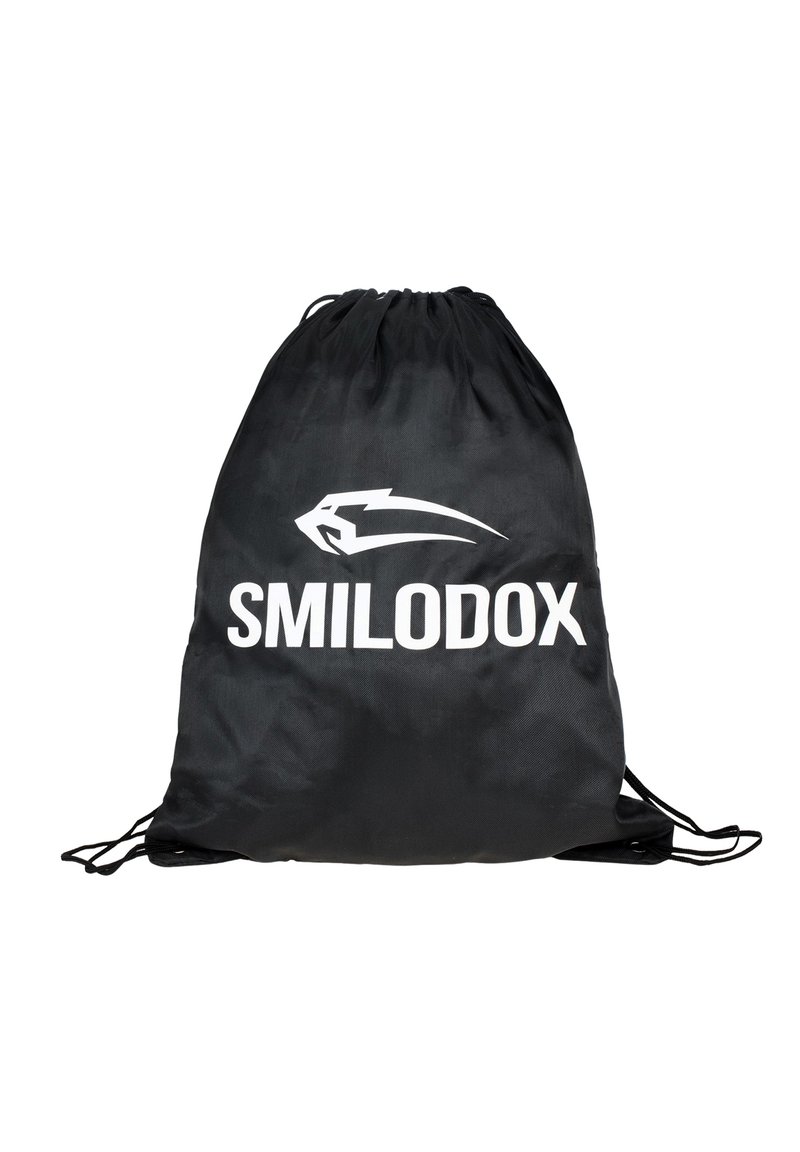 Mochila negra con cordón hecha de material ligero, que presenta un destacado logo blanco "SMILODOX" y una textura elegante y suave.