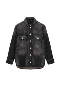 Jaqueta de denim preta com fecho de botões à frente, dois bolsos no peito e design de yoke pontiagudo. Apresenta botões prateados e mangas longas.