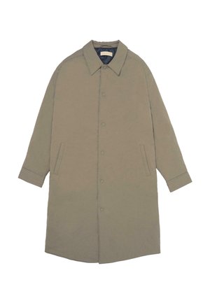 Long beige coat with a collar, snap button closure, long sleeves, and two side pockets, displayed flat on a white background.