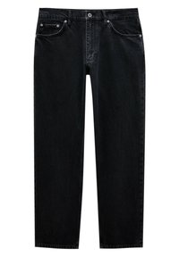 Jean en denim noir à jambe droite avec fermeture boutonnée et zip à l'avant, cinq poches et passants de ceinture visibles sur fond blanc.