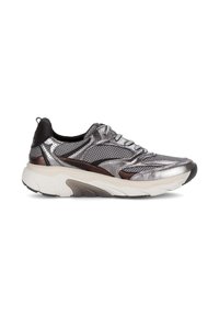 Metallic zilveren en zwarte sneaker van mesh en synthetische materialen, met een chunky witte tussenzool en een gestructureerd detail aan de zijkanten.