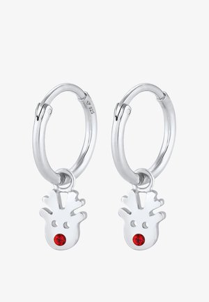 Silver hoop earrings with reindeer charm, featuring a red gem as the nose. Charm shaped like a reindeer with antlers; polished finish.