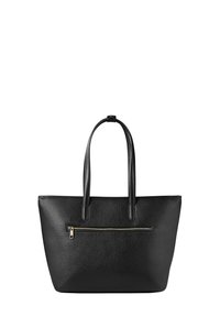 Bolso tote de cuero negro con textura suave, diseño estructurado, dos asas largas y un bolsillo delantero con cremallera dorada para almacenamiento seguro.