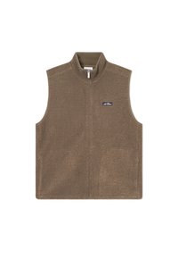Fleece vest in brown with a high collar, zip front closure, and side pockets. Features a small logo patch on the left chest area.