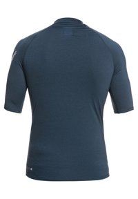Short-sleeve, navy blue athletic shirt made of soft material, featuring a crew neckline and smooth texture. Subtle branding on the sleeve.