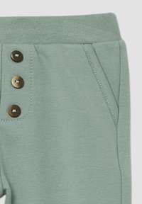 Lichtgroene katoenen broek met een gestructureerde tailleband, drie bruine knopen aan de voorkant en zijzakken, met een gladde afwerking.