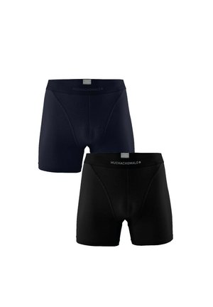 Zwei Paare Herren-Boxershorts in Marineblau und Schwarz. Hergestellt aus weichem Stoff mit glatter Textur. Jedes Paar verfügt über einen elastischen Taillenbund mit Markenlogo.