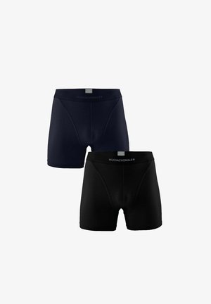 Dos pares de bóxers para hombres en azul marino y negro. Confeccionados en una tela suave con una textura lisa. Cada uno cuenta con una cinturilla elástica con marca.