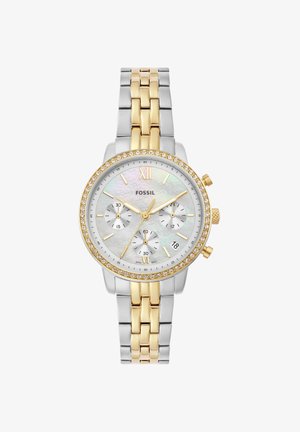 Zweifarbige silberne und goldene Fossil-Armbanduhr mit Perlmutt-Zifferblatt, drei Hilfszifferblättern, Datumsanzeige und mit Kristallen besetzter Lünette.