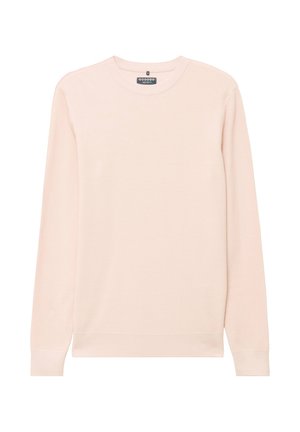 Pull rose clair à manches longues en tricot gaufré avec col rond et poignets côtelés, présenté à plat sur un fond blanc.