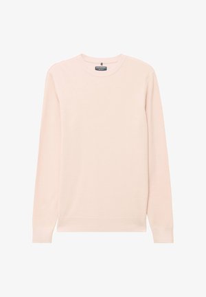 Lichtroze longsleeve trui met wafelstructuur, ronde hals en geribbelde manchetten, plat gelegd op een witte achtergrond.