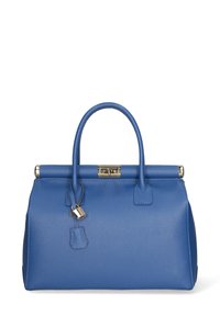 Blauwe leren handtas met ronde handgrepen, textuur op het oppervlak, gouden hardware en een slotdetail aan de voorkant. Compacte en gestructureerde vorm.