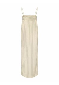 Robe longue couleur crème avec fines rayures verticales noires et bretelles spaghetti réglables.